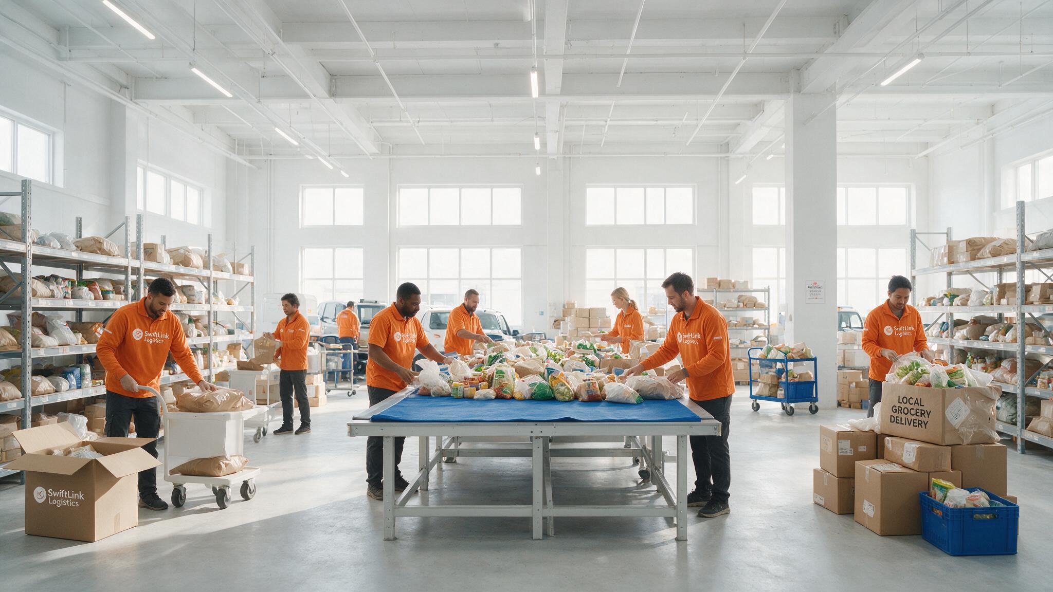 Pepeme logistics team sorting parcels and grocery bags in a bright warehouse hub