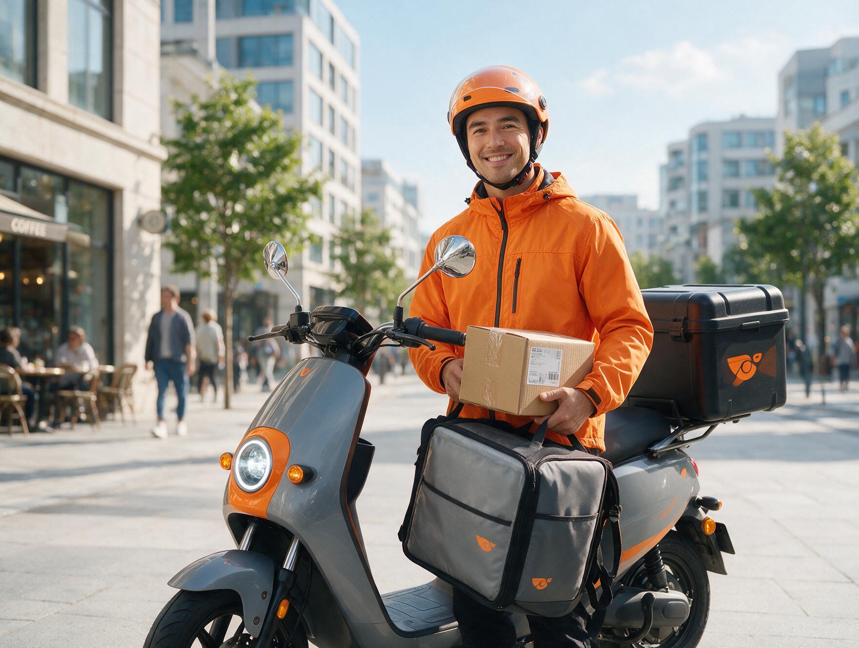 Pepeme courier in an orange uniform standing beside an electric delivery scooter, holding a parcel